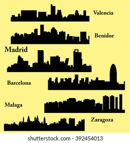 Set of 6 city silhouette in Spain ( Madrid, Zaragoza, Barcelona, Valencia, Malaga, Benidor )