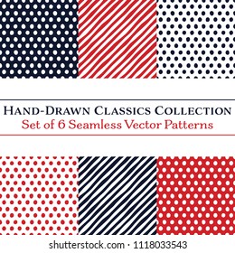 Set of 6 Classic Hand-Drawn Coordinating Patterns, Polka Dots and Diagonal Candy Stripes, in Navy Blue and Red