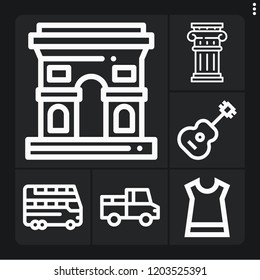 Set of 6 classic outline icons such as double decker, pickup truck, column, arch, dress