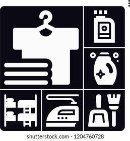 Set of 6 clean filled icons such as detergent, dustpan, laundry, oil, iron
