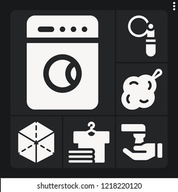 Set of 6 clean filled icons such as cube, sponge, laundry, wash, washing machine