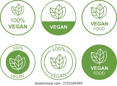 Conjunto de 6 insignias veganas verdes limpias con iconos de hojas y opciones de texto: "100% VEGANO", "VEGANO" y "COMIDA VEGANA". Mezcla de estilos de contorno y círculo relleno. Vector EPS10 editable, aislado en blanco, perfecto para empaques, menús, etiquetas y marca ecológica.
