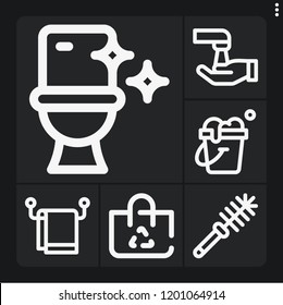 Set of 6 clean outline icons such as recyclable, towel, wash, toilet brush, toilet