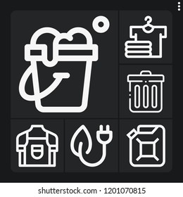 Set of 6 clean outline icons such as trash, green energy, laundry, car oil, apron