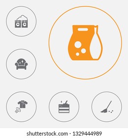 Set of 6 cleaning icons set. Collection of carpet, clothes steaming, detergent and other elements.