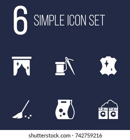 Set Of 6 Cleaning Icons Set. Collection Of Curtain, Washing Powder, Besom And Other Elements.