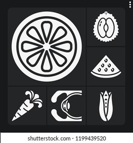 Set of 6 closeup filled icons such as eye, grapefruit, watermelon, corn, durian