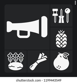 Set of 6 closeup filled icons such as trumpet, celery, onion, pineapple, push pin