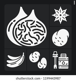 Set of 6 closeup filled icons such as potato, bananas, fig, anise, potatoes