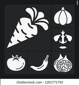 Set of 6 closeup filled icons such as nose, fig, chili pepper, carrot, garlic