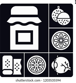 Set of 6 closeup filled icons such as eye, grapefruit, lychee, lemon, jam