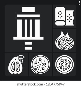 Set of 6 closeup filled icons such as fig, pizza, guava, filter