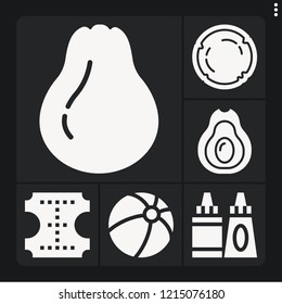 Set of 6 closeup filled icons such as avocado, pear, coconut, sauce, leather