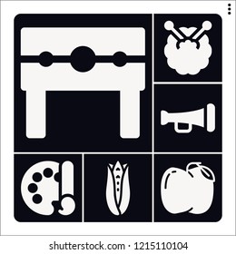 Set of 6 closeup filled icons such as punishment, trumpet, corn, apple, color palette