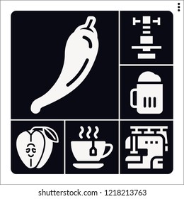 Set of 6 closeup filled icons such as beer, pepper, apple, caliper, sewing machine