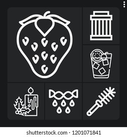 Set of 6 closeup outline icons such as old fashion, candle, strawberry, squeeze, toilet brush