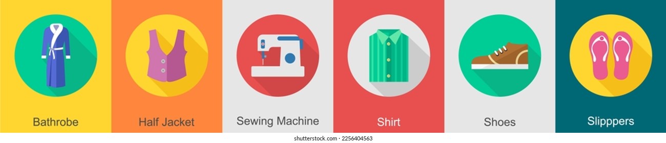 Un conjunto de 6 íconos de ropa como albornoz, media chaqueta, máquina de coser