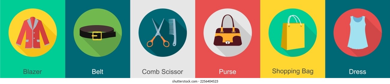 A set of 6 Clothes icons as blazer, belt, comb scissor