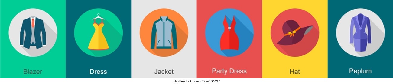 A set of 6 Clothes icons as blazer, dress, jacket