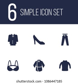 Set of 6 clothes icons set. Collection of suit, high heel shoe, jumper and other elements.