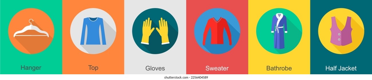 Un conjunto de 6 íconos de ropa como percha, top, guantes