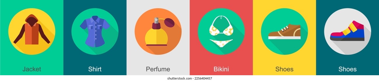 A set of 6 Clothes icons as jacket, shirt, perfume