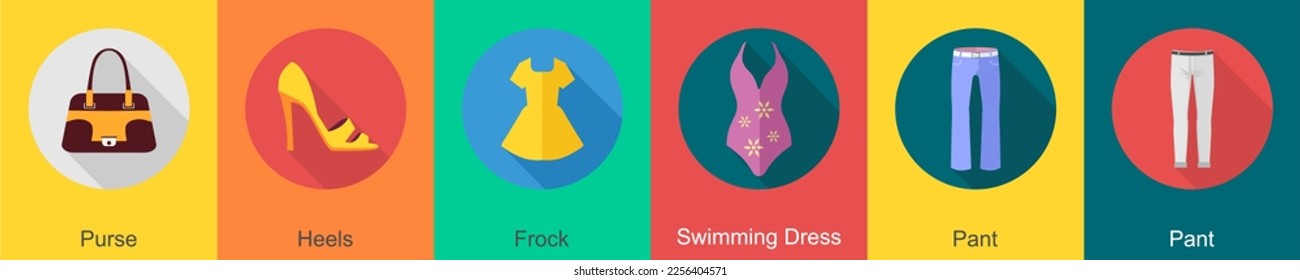 A set of 6 Clothes icons as purse, heels, frock