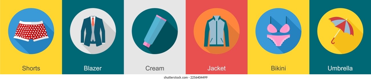 A set of 6 Clothes icons as shorts, blazer, cream