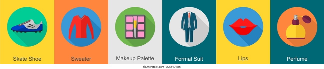A set of 6 Clothes icons as skate shoe, sweater, makeup palette