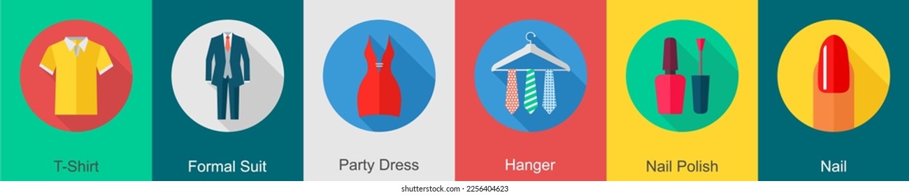 Un conjunto de 6 íconos de ropa como camiseta, traje formal, vestido de fiesta