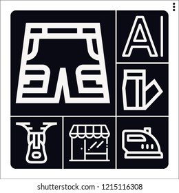 Set of 6 clothing outline icons such as store, character, iron, shorts, zipper