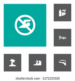 Set of 6 coast icons set. Collection of sunbed, surfer, island elements.