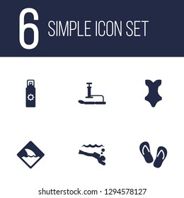 Set of 6 coast icons set. Collection of tanning spray, air mattress, thongs and other elements.