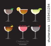 Set of 6 cocktails in coupe glass, vector illustration for bar or drink menu web and print. 