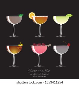 Set of 6 cocktails in coupe glass, vector illustration for bar or drink menu web and print. 