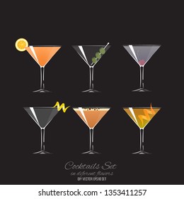 Set of 6 cocktails in coupe glass, vector illustration for bar or drink menu web and print. 