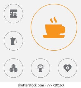 Set Of 6 Coffee Icons Set.Collection Of Espresso Dispenser, Sweetener, Timber And Other Elements.