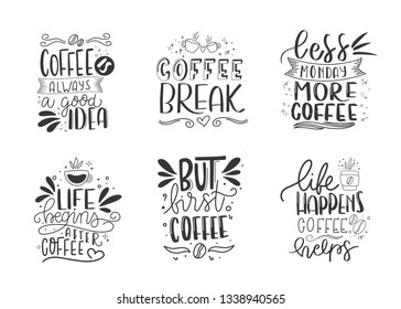 Set of 6 coffee lettering typography phrases. Hand drawn lettering phrase. Modern motivating calligraphy decor. Scrapbooking or journaling card with quote.