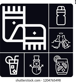Set of 6 cold outline icons such as alcoholic drinks, snowman, lemonade, water, scarf