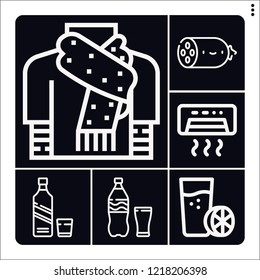 Set of 6 cold outline icons such as soda, whiskey, scarf, air conditioner, orange juice