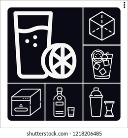 Set of 6 cold outline icons such as cocktail shaker, vodka, old fashion, cube