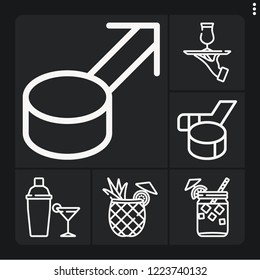 Set of 6 cold outline icons such as alcoholic drinks, cocktail, hockey sticks