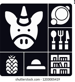 Set of 6 collection filled icons such as pineapple, circle, bookshelf, cutlery, unicorn