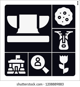 Set of 6 collection filled icons such as anvil, cookies, search, flower, library