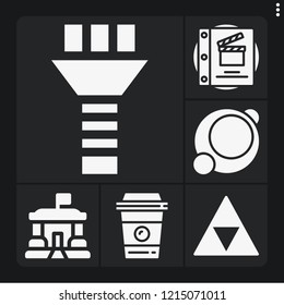 Set of 6 collection filled icons such as script, coffee cup, circle, screw