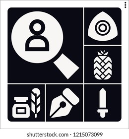 Set of 6 collection filled icons such as sword, pineapple, pen, ink, search