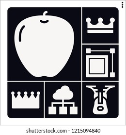 Set of 6 collection filled icons such as crown, apple, , cloud