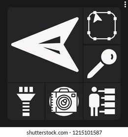 Set of 6 collection filled icons such as photo camera, , green arrow, pin, screw