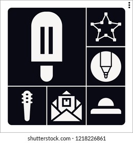 Set of 6 collection filled icons such as weapons, marker, letter, ice cream