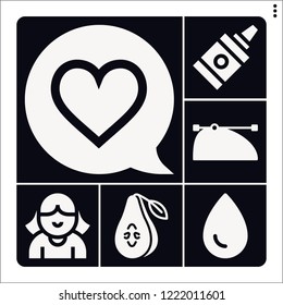 Set of 6 collection filled icons such as pear, , ink, heart, avatar